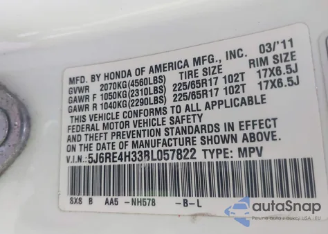 2011 Honda Cr-V Lx из США, поврежденный, VIN 5J6RE4H33BL057822